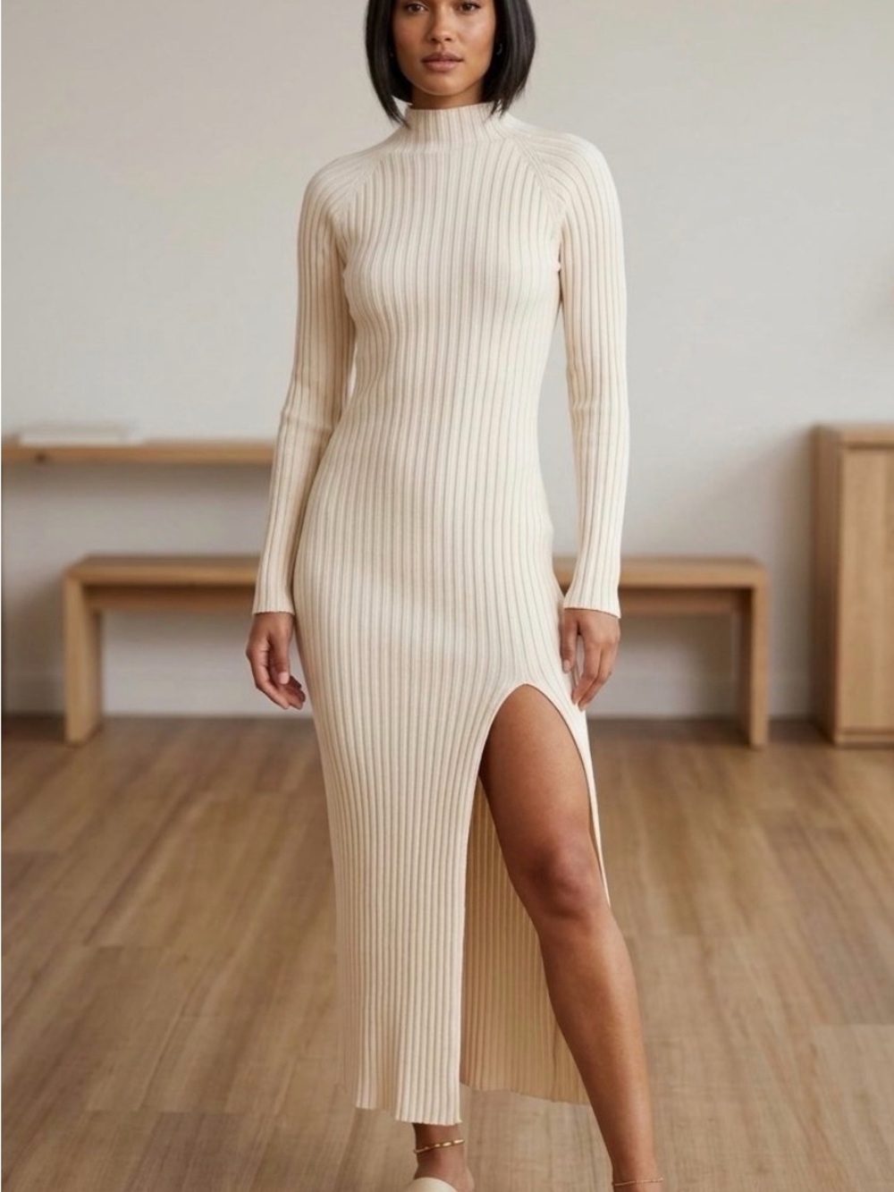 New Ribbed Cream Long Sleeve Midi Dress with Side Slit and flaw size S/M
